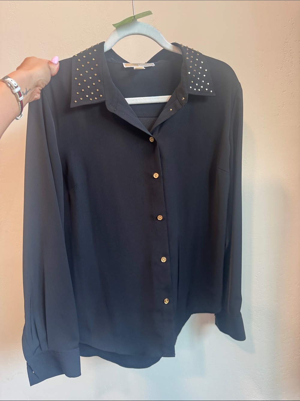 108. Michael Kors Black Button-Front Blouse with Studded Collar